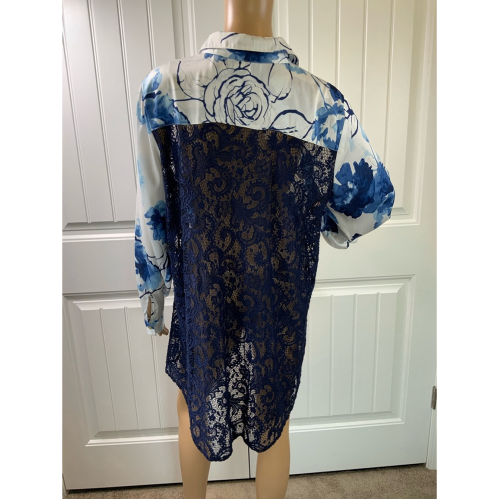 Dennis Basso Floral Button-Up Shirt Sz Med White/Blue Lace Back Eclectic Grandpa - Picture 8 of 11